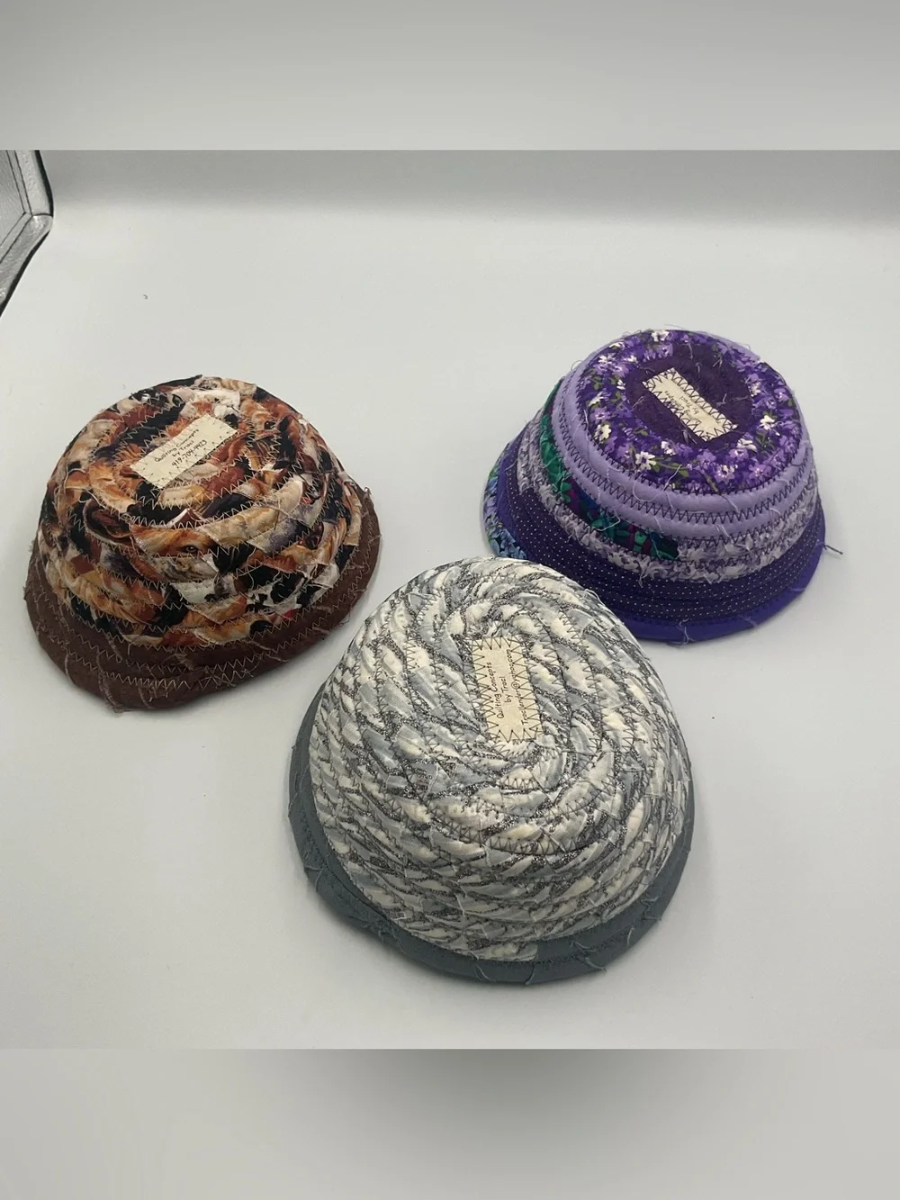 Hand Crafted Coil Baskets in Gray, Purple and Brown